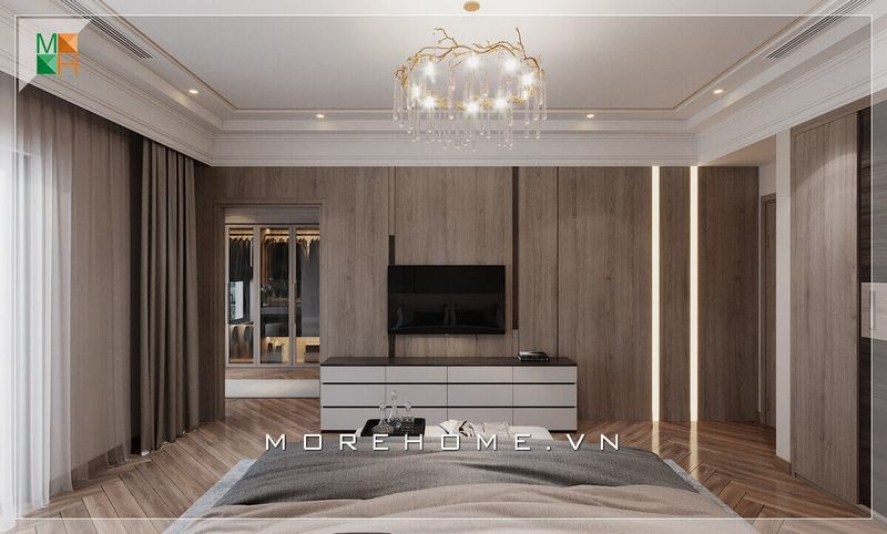 Kệ tivi gỗ hiện đại màu trắng mang lại vẻ đẹp sang trọng cho căn phòng ngủ và rất bắt mắt.